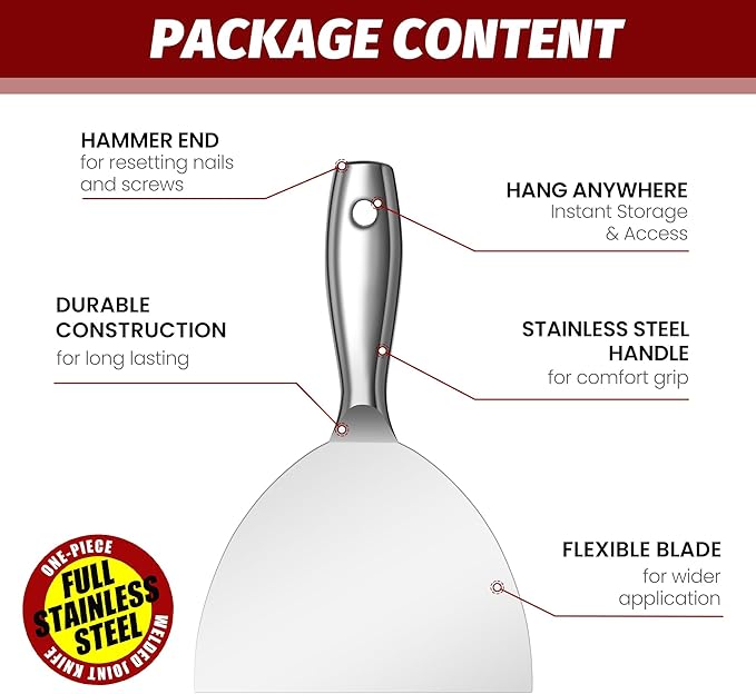 Putty Knife Set,4 PCS 2",3",4",6" One Piece Premium Polished All-Stainless Steel Scraper Tool for Drywall Finishing,Professional Grade Putty Blade for Scraping Paint, Taping