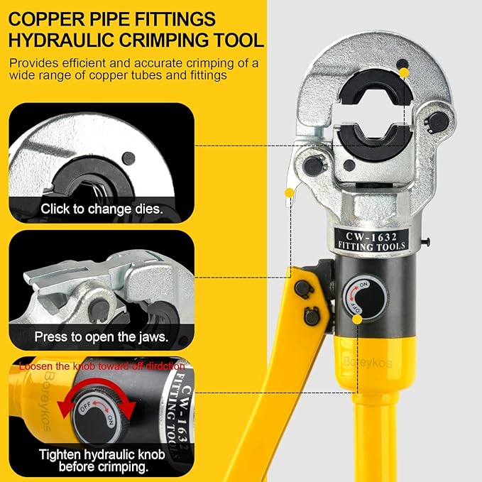 Hydraulic Copper Tube Crimping Tool,Copper Pipe Fittings Crimping and Plumbing Tool with Crimping Dies Jaw 1/2", 3/4", 1"