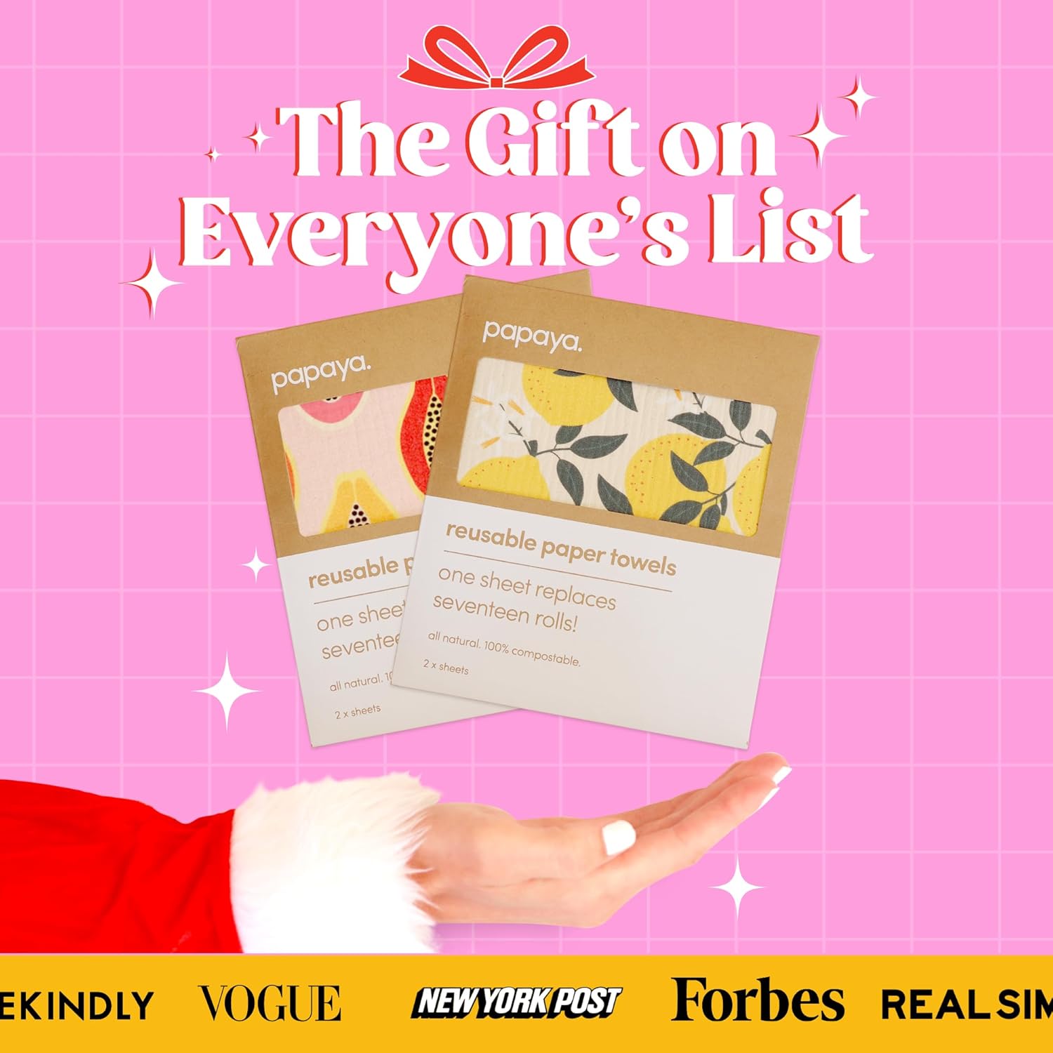 Papaya Reusable Paper Towels, Premium Swedish Dishcloths, Washable Reusable Dish Cloths, 1 Sheet Replaces 17 Rolls, Eco Friendly Stocking Stuffer - 4 Sheets, 2 Hooks