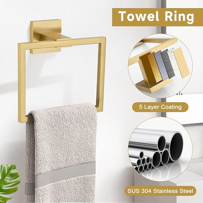 Brushed Gold 5 Pieces Bathroom Hardware Accessories Set Towel Bar Set Towel Holder&Racks Set for Bathroom,SUS304 Stainless Steel,Wall Mounted 16-Inch