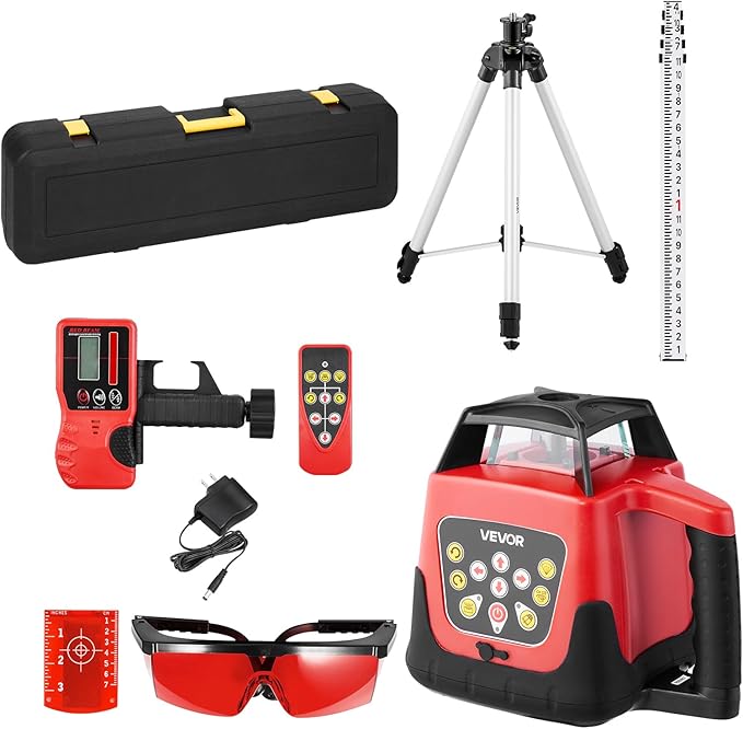 VEVOR Rotary Laser Level Kit, 1650ft 360-Degree Self Leveling Red Horizontal Laser Transit,with Tripod,Receiver,Remote Control, Scale,Toolcase, IP66 Waterproof, 0.80in/100ft Precision for Construction