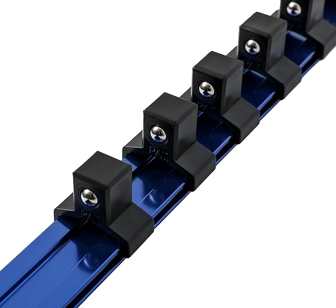 ARES 60041-3-Piece 17-Inch Blue Aluminum Socket Rail Set - 1/4-Inch, 3/8-Inch, and 1/2-Inch Drive Socket Organizers Hold 48 Sockets