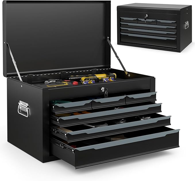 6-Drawer Tool Box, ARNOT 24" Heavy-Duty Steel Tool Chest, Portable Tool Storage Organizer with Auto-Locking Drawers, Top Tool Tray, and Side Handles for Garage, Warehouse, or Workshop Storage (Black)