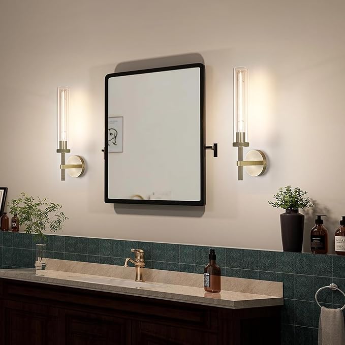 Modern Brass Hardwired Wall Sconces 2 Pack, 21'' Knurled Bathroom Wall Sconce, Indoor Wall Sconce,Copper and Tube Glass Vanity Light, for Living, Bedroom, Hallway, Staircases, Include Bulbs