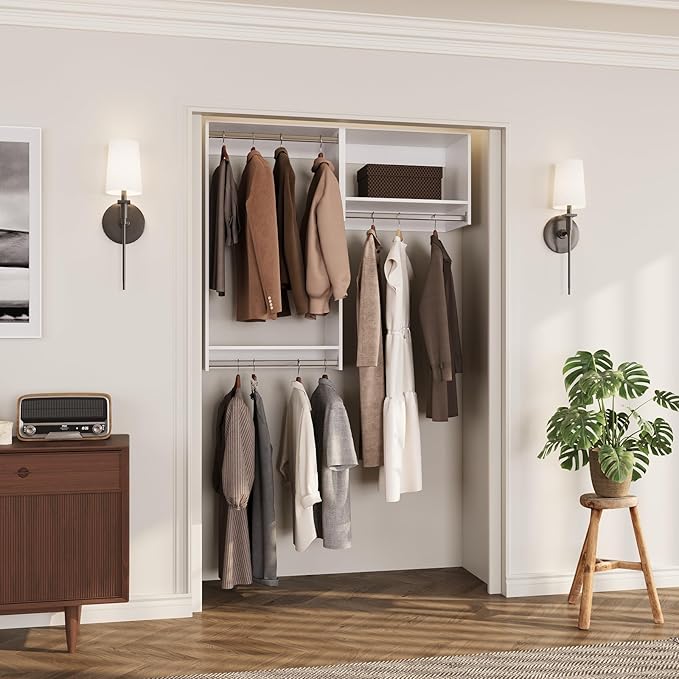 ROOMTEC Modular Closet System, 55" Wall-Mounted Closet Organizer with Hanging Rods, Wooden Tower for Walk-In Closets, Wardrobe Storage Kit, White