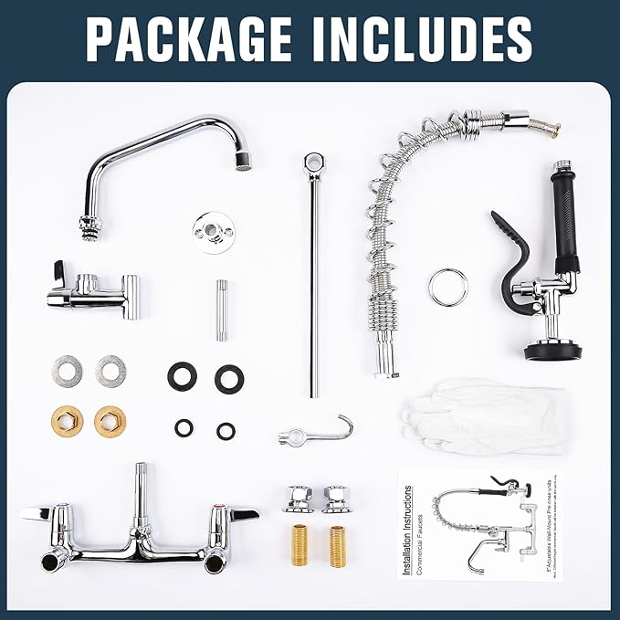 Commercial Faucet with Sprayer, 21 Inch Height Commercial Sink Faucet Wall Mount with 8" Adjustable Center and 8" Add-on Swing Spout & Pull Down Pre Rinse Sprayer