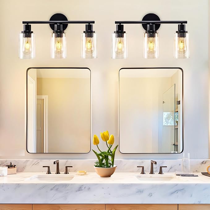 DLLT 3-Light Bathroom Light Fixtures: Black Modern Vanity Lights with 3 E26 Bulbs - Clear Glass Shade Bathroom Wall Lamp for Mirror Kitchen Living Room Hallway Cabinet Porch