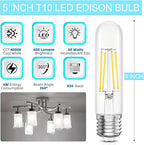 Tubular LED Edison Bulb Dimmable 4000K Neutral White, 6W, 60 watt Equivalent, E26 LED Light Bulbs, T10 Edison Bulbs for Chandeliers, Ceiling Fan, 90+CRI 600LM, 6 Pack