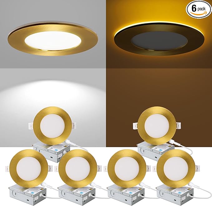 ZYC Recessed Lighting 4 Inch - 9W 800LM LED Recessed Ceiling Light with Night Light,2700K/3000K/4000K/5000K/6000K Selectable Ultra-Thin Lighting,Dimmable Canless Wafer Downlight,Pack of 6（Gold）.