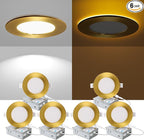 ZYC Recessed Lighting 4 Inch - 9W 800LM LED Recessed Ceiling Light with Night Light,2700K/3000K/4000K/5000K/6000K Selectable Ultra-Thin Lighting,Dimmable Canless Wafer Downlight,Pack of 6（Gold）.