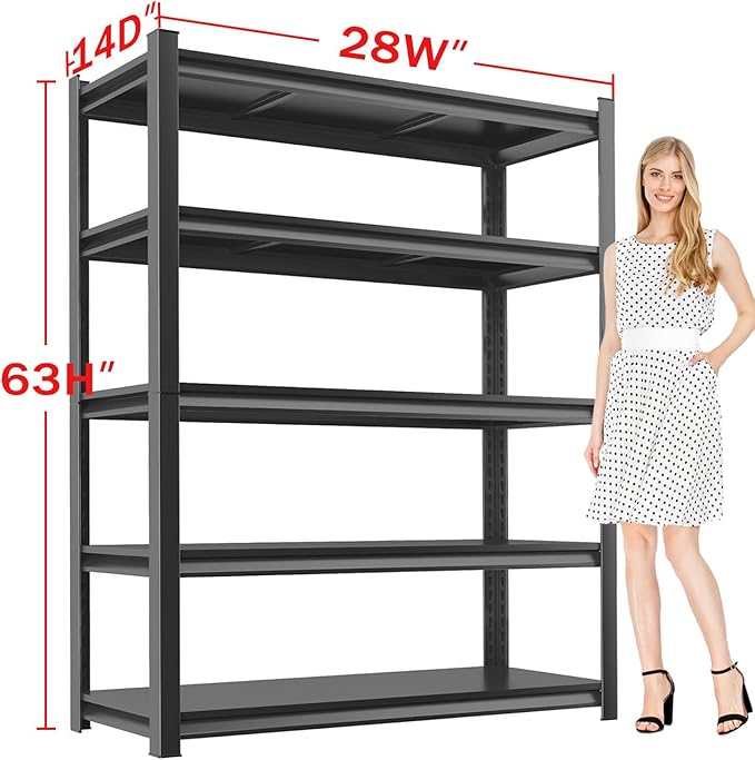 Metal Garage Storage Shelves Heavy Duty Shelving Unit 5 Tier Steel Adjustable Organizing Shelves 3000 LBS Capacity Industrial Shelving Ideal for Garage Tote Pantry Basement Outdoor, 63”Hx28”Wx14”D