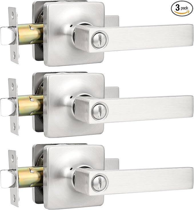 GOBEKOR 3 Pack Brushed Nickel Door Handles Interior Door Handle with Lock Privacy Door Levers Bedroom Bathroom Door Handles Interior Door Knobs