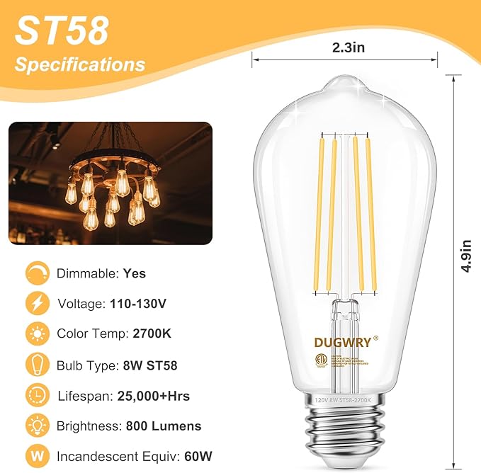 12-Pack Vintage 8W ST58 LED Edison Bulbs 60W Equivalent, Dimmable 2700K Warm White LED Filament Bulbs, E26 Medium Base, 800LM, CRI 85, Antique Glass Style, Great for Home, Bedroom, Office