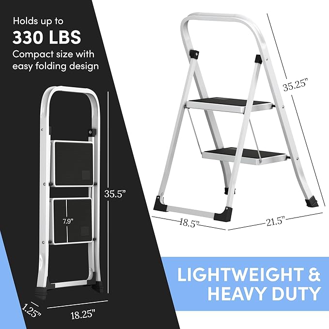 Lifetime Home 2-Step Ladder with Wide Anti-Slip Platform & Thick Rubber Feet - Lightweight Heavy Duty Foldable & Portable - 330 lbs Capacity, Steel Frame, Rubber Handgrip, Folding Step Stool - White