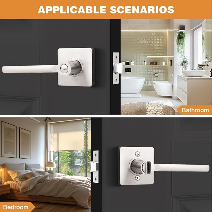 Probrico Privacy Door Handle Interior Heavy Duty Square Brushed Nickel Door Knobs for Bedroom Bathroom Reversible Keyless Door Lever Satin Nickel, 2 Pack
