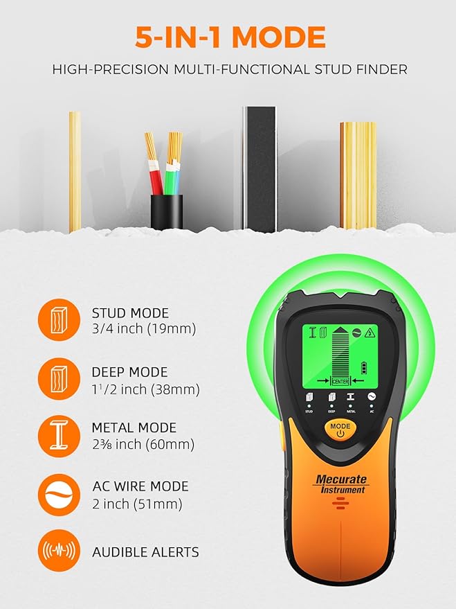 Mecurate Stud Finder Wall Scanner Sensor - 5 in 1 Electronic Stud with LCD Display & Audio Alarm for Wood AC Live Wire Metal Studs Detection Joist Pipe