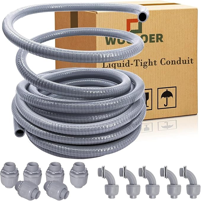 1/2 inch 100Ft Liquid-Tight Conduit Kit, Flexible Non Metallic Electrical Conduit, with 6 Straight and 5 Angle Fittings Included. 1/2" Dia