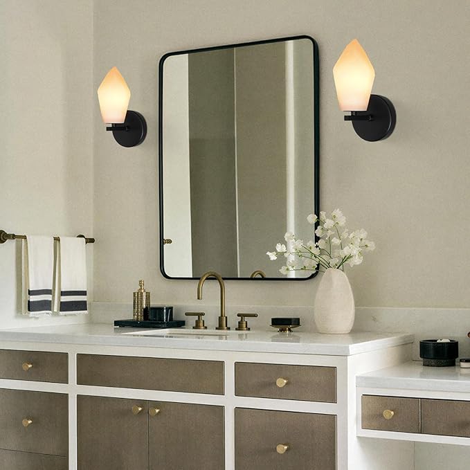 Alabaster Wall Sconce, Spanish Marble Wall Light, Modern Wall Sconce for Bathroom, Hardwired Wall Lighting for Living Room, Wall Lamp for Bedroom Hallway Stairs, Black