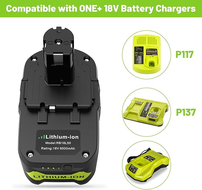 2Pack 6.0Ah 18V P108 Replacement for Ryobi 18V Battery P109 P102 P103 P105 P107 Ryobi ONE+ Cordless Tool Lithium-Ion Battery