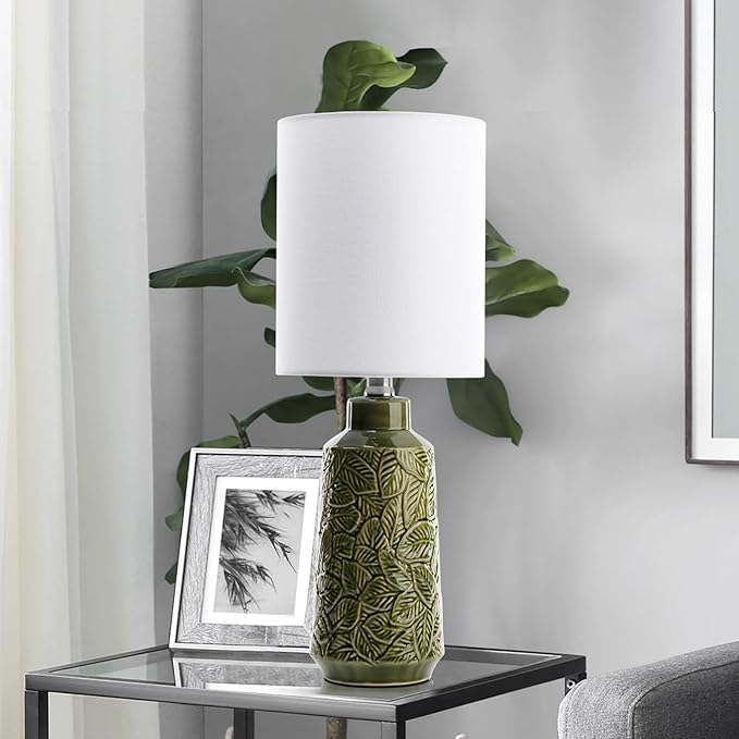 18” Ceramic Table Lamp Green Nightstand Pottery Lamp Single with White Shade Modern Bedside Desk Lamps with Leaf Pattern for Living Room Bedroom Farmhouse Dining Room Enterway