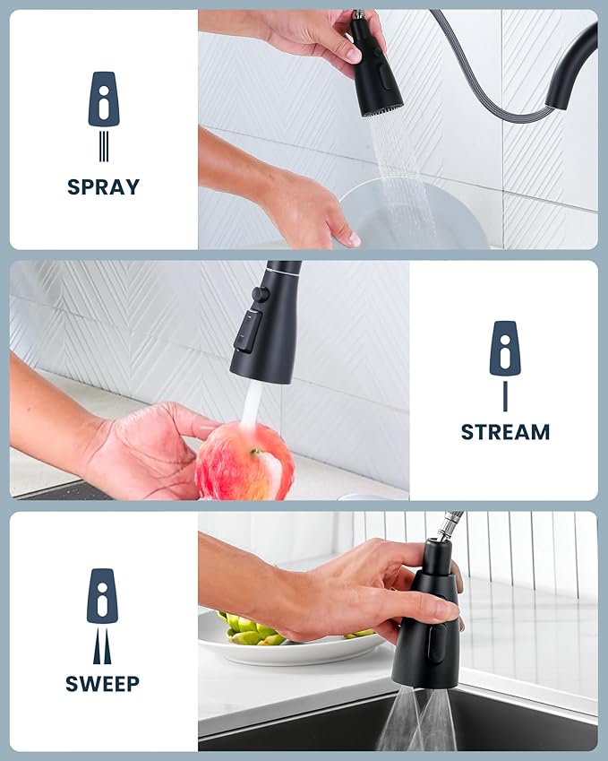 ARCORA Kitchen Faucet Spray Head Matte Black, 3-Function Kitchen Sink Spray Nozzle with 9 Adapters, Kitchen Faucet Head Replacement Compatible with Moen, Delta, American Standard Faucets