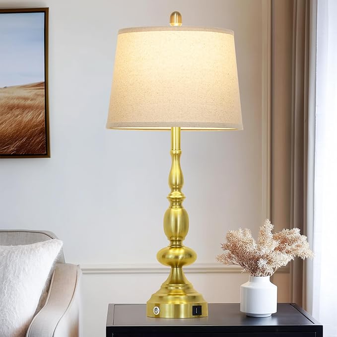 29" Modern Gold Table Lamps Set of 2, Industrial Touch Control 3-Way Dimmable Bedside Lamp with USB C+A Ports, Metal Farmhouse Nightstand Lamps for Living Room Bedroom End Tables(2 LED Bulbs Included)