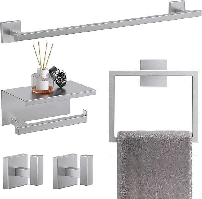 TQKAG 5-Pieces Brushed Nickel Bathroom Hardware Accessories Set 23.6" SUS304 Stainless Steel Towel Bar Set Wall Mounted Square Toilet Paper Holder with Shelf