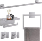 TQKAG 5-Pieces Brushed Nickel Bathroom Hardware Accessories Set 23.6" SUS304 Stainless Steel Towel Bar Set Wall Mounted Square Toilet Paper Holder with Shelf