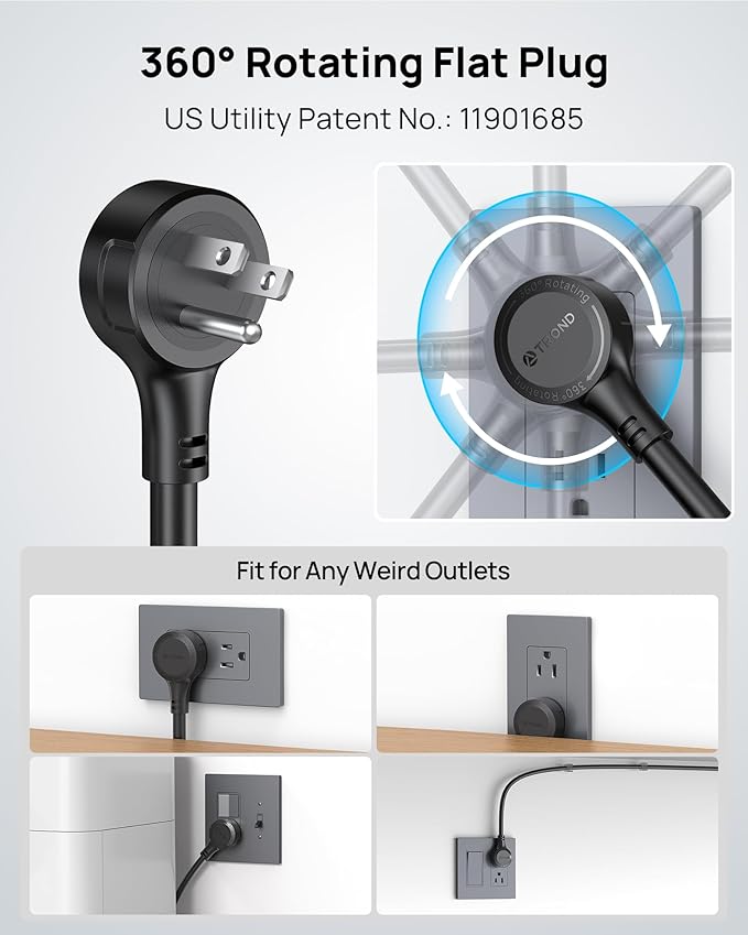 TROND Surge Protector Power Strip 10ft, 360° Rotating Flat Plug, 4000J, ETL Listed, 10 Widely Spaced Outlets, 2 USB A and 2 USB C, Wall Mountable, for Home Office Entertainment, Black