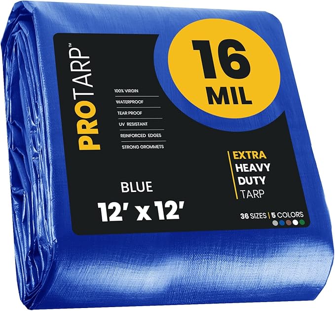 PROTARP Extra Heavy Duty 16 Mil Tarp Cover, Waterproof, UV Resistant, Rip and Tear Proof, Poly Tarpaulin with Reinforced Edges for Roof, Camping, Patio, Pool, Boat. (Blue 12′ X 12′)