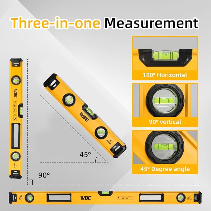 WBE 4-Piece Heavy Duty Torpedo Level Set, 12", 20", 40" Spirit Level with Magnetic, Shock-Proof Aluminum Alloy Levels with Carrying Bag, Bubble Vials Ruler for 45°/90°/180° Degree(4 PACK)