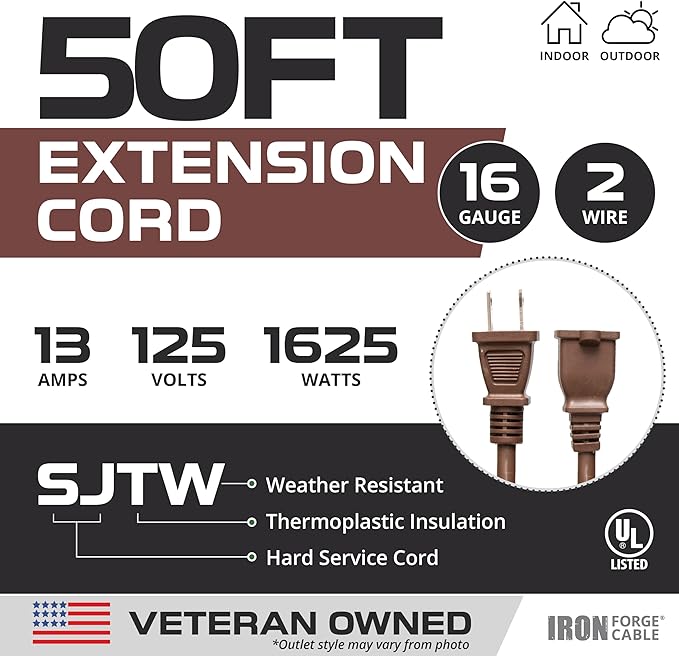 Iron Forge Cable 2 Prong Outdoor Extension Cord 50 ft, 16/2 SJTW 50 Foot Brown Extension Cord, Weatherproof - Great for Outdoor Lights, Deck, Patio