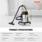 VEVOR Stainless Steel Shop Vac Wet and Dry Vacuum Cleaner 5.5 Gallon 6 Peak HP - Powerful Suction with Blower Function & Attachments 2-in-1 Crevice Nozzle - Perfect for Car Carpet Debris Pet Hair