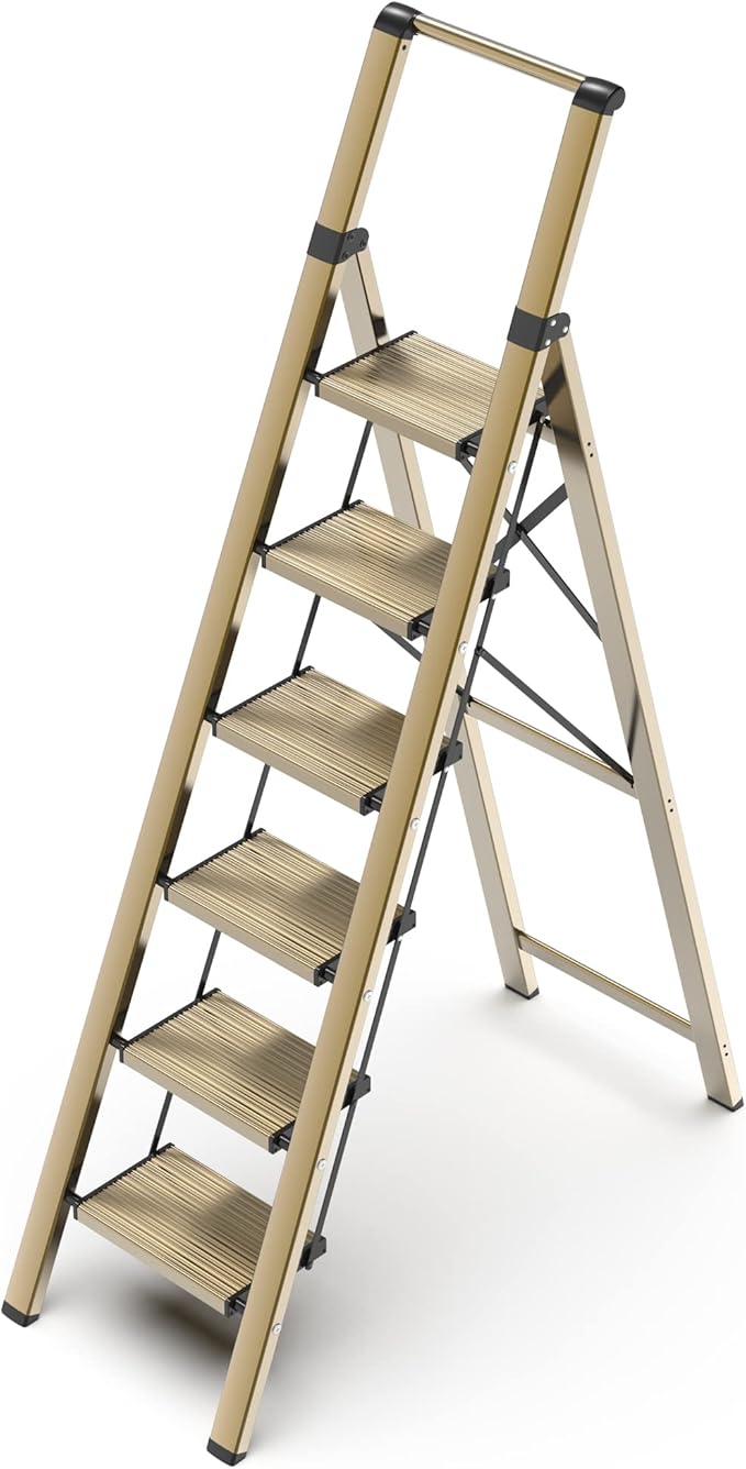 GameGem 6 Step Ladder for 12 Feet High Ceiling, Lightweight Aluminum Folding Step Stool with Convenient Handgrip, Stepladders with Anti-Slip and Wide Pedal for Home Use Space Saving - Gold