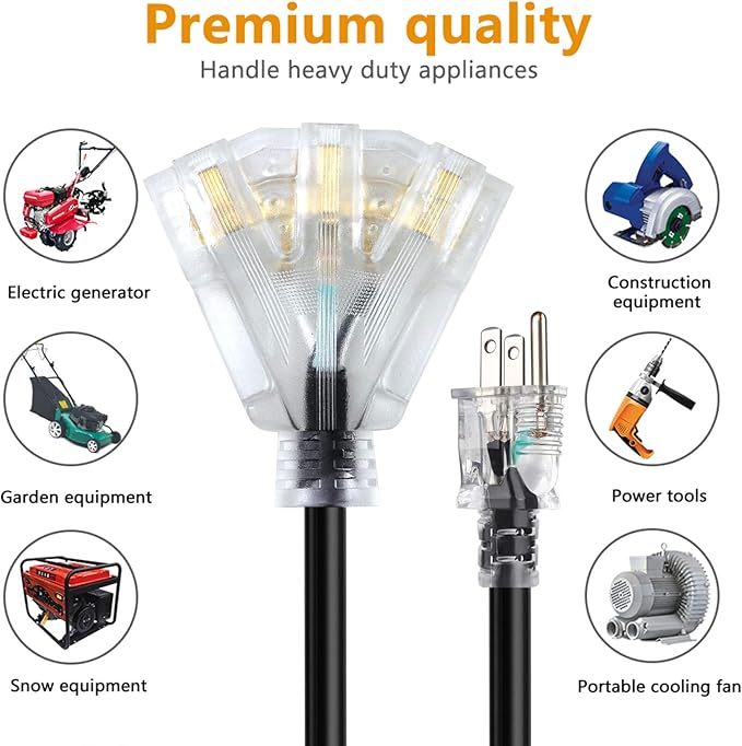 6 FT 12/3 Extension Cord Heavy Duty Black 3-Outlet Indoor/Outdoor SJTW Lighted 12-Gauge Grounded Power Cable,12AWG 15 Amp, 1875 Watts，UL Listed，Safety