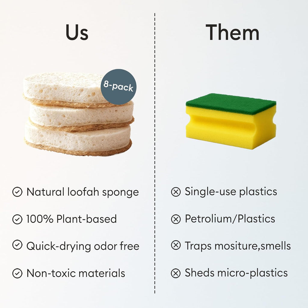Vove Washing Up Sponges, Pack of 8 - Loofah & Cellulose Sponge with Cotton, Natural Eco-Friendly Kitchen Sponges & Scourers for Household Cleaning, FSC-Certified Packaging