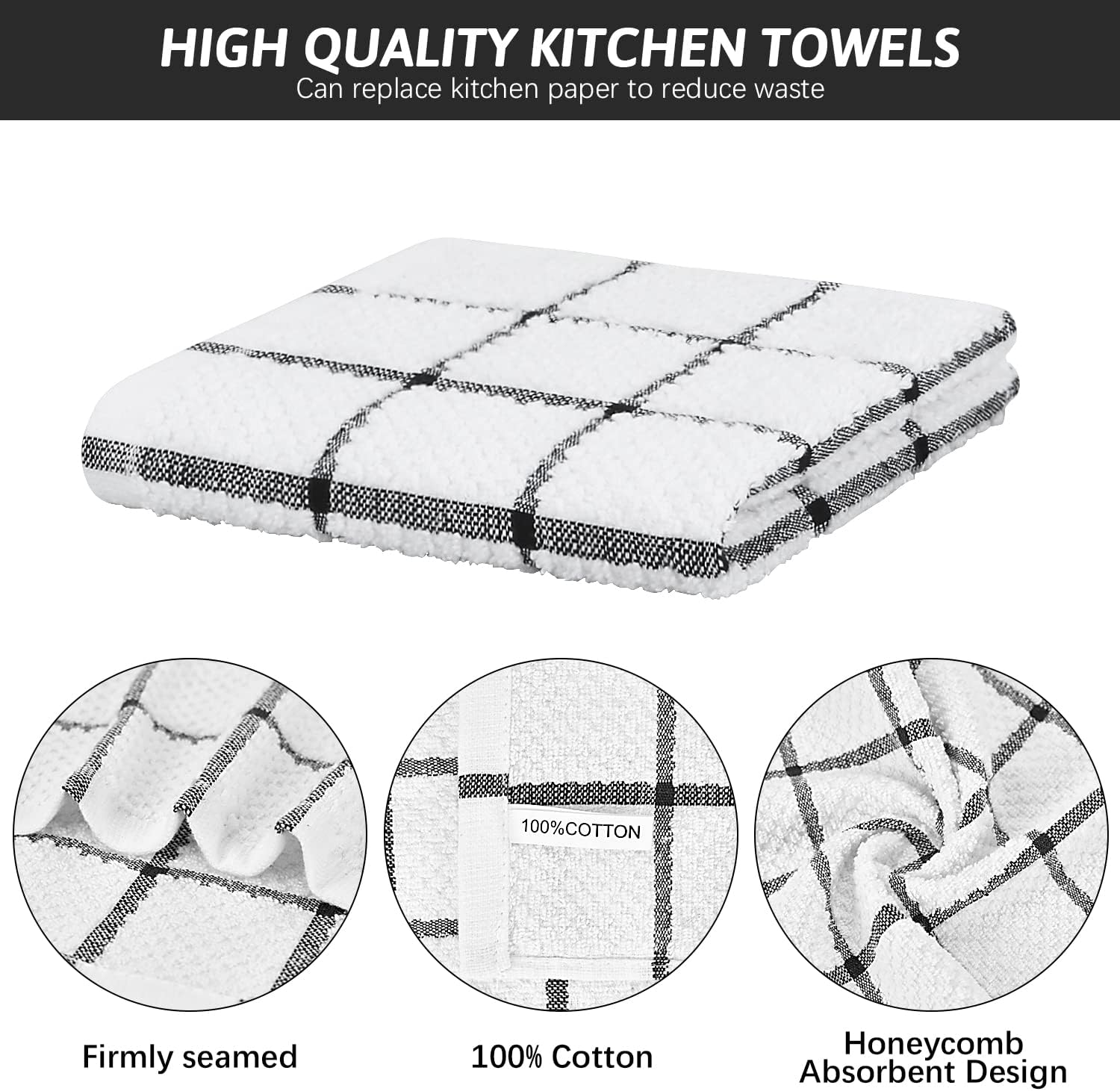 Nialnant 4PCS Cleaning Rags,100% Cotton Terry Dish Rags for Washing Dishes,Quick Drying Dish Cloths,Dish Towels for Kitchen,Black-12x12in