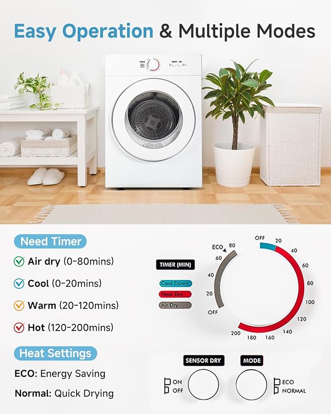 1.8 Cu.Ft Compact Dryer - 1020W Portable Clothes Dryer with Stainless Steel Tub, Front Load Tumble, Four Functions - Compact Drying Unit for Laundry, Apartments, Dorms