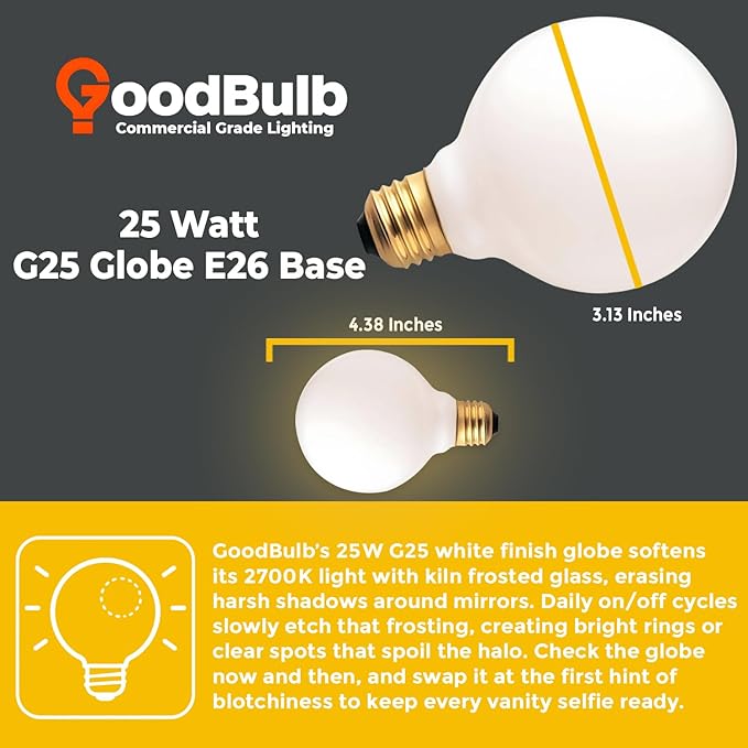 GoodBulb 25-Watt Frosted G25 Light Bulbs Incandescent Restaurant Bulb E26 Medium Base 2700K Warm White 175 Lumens Restaurant Light Bulbs Pack of 10 Bulbs