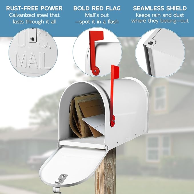 Metal Mailboxes Post Mount, Galvanized Steel Outside Mail Box, Standard Medium Capacity, 20 x 8.7 x 6.7 Inches, White