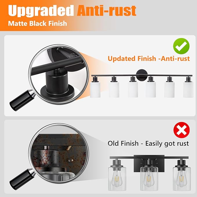 DLLT 6-Light Bathroom Light Fixtures: Black Modern Vanity Lights with E26 Bulbs - Milky White Glass Shade Bathroom Wall Lamp for Mirror Kitchen Living Room Hallway Cabinet Porch