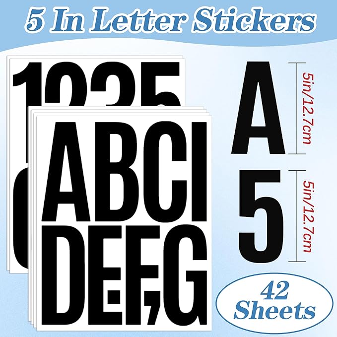 420 PCS 42 Sheets Letter Stickers Big Font Mailbox Numbers and Letters Self Adhesive Vinyl Waterproof Alphabet Number Stickers for Mailbox House Address, Cars, Poster, Business Decor (5 Inch,Black)