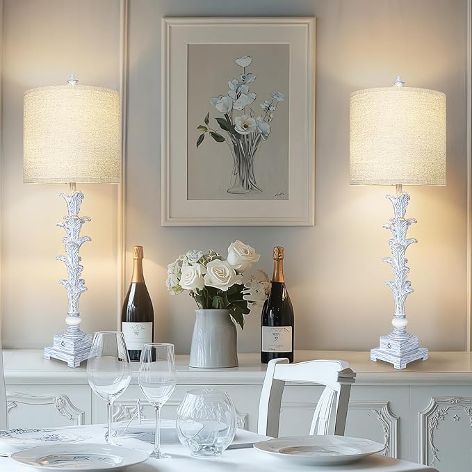 33'' Touch Table Lamp Set of 2 for Living Room , 3-Way Dimmable Buffet Lamps with USB Ports and White Shade, Vintage Farmhouse Bedside Nightstand Lamps for Bedroom Office Study Dinning (Bulb Included)