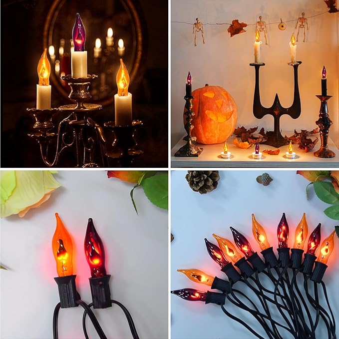 12 Pack C7 Clear Orange and Purple Flickering Flame Replacement Bulbs for String Lights Outdoor, E12 Screw Base, Flame Bulbs for Halloween Indoor Outdoor Roofline Garden Patio Party Decorations