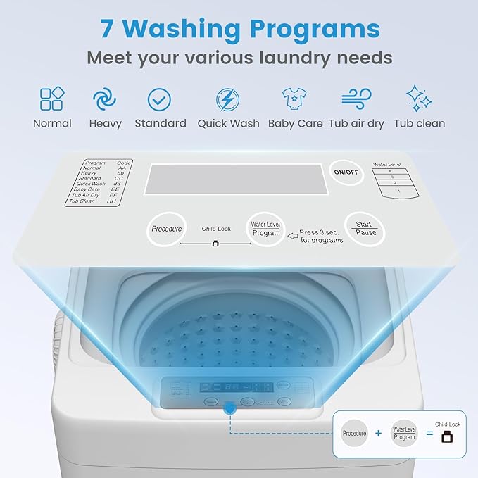 VCJ Portable Washing Machine, 20 Lbs Full-Automatic Portable Washer with 7 Wash Cycles, LED Display, Electric Laundry Machine for Apartment, RVs, Dorms