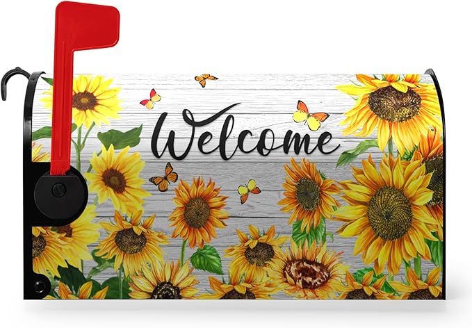 Summer Sunflowers Welcome Mailbox Covers Magnetic Standard Size Yellow Flower Mailbox Post Cover Spring Floral Mailbox Wraps Outdoor Decor for Garden Yard 21x18 Inch