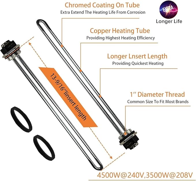 LONG TERM EWH-02 Electric Water Heater Tune-Up Kit, Includes 4500W 240V Water Heater Elements, Upper Thermostat, Lower Thermostat, Protective Covers and Elements Gaskets