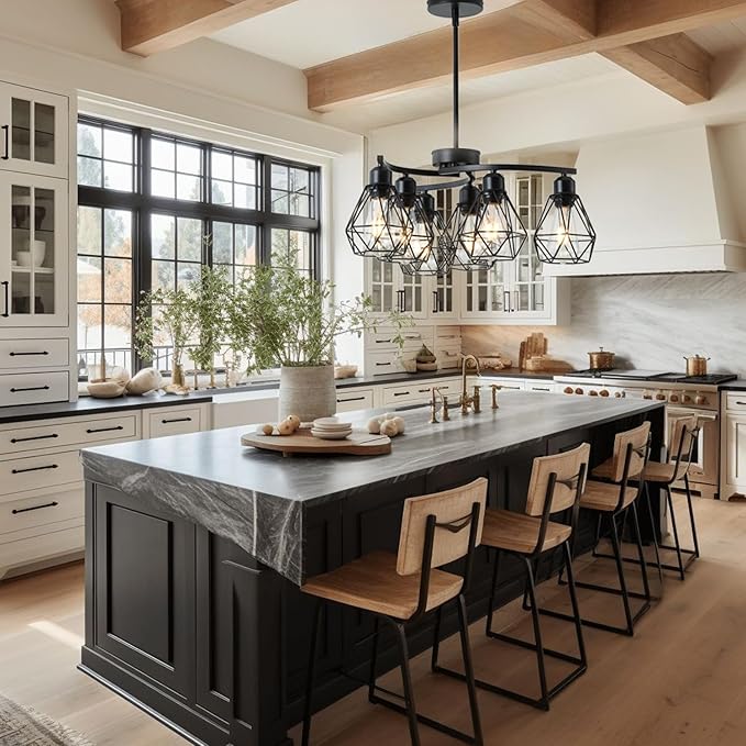6-Light Black Chandelier,Farmhouse Chandelier for Dining Room Light Fixtures Over Table,21.7" Industrial Hanging Pendant Lighting with Metal Cage Shade for Kitchen Island Entryway Foyer Bedroom