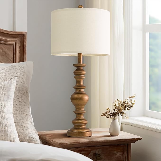BOBOMOMO 27" Antique Gold Table Lamps Set of 2, Elegant Large Resin Lamps with Linen Shades, Gold Traditional Lamps for Bedroom, Living Room, or Console Table, Classic Vintage Décor