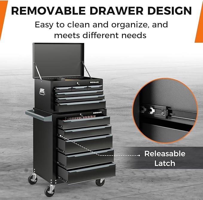 IRONMAX 11-Drawer Tool Chest with Wheels, 2-in-1 Detachable Tool Storage Organizer Tool Cabinet with Locking System & Liner, Metal Rolling Toolbox for Warehouse, Garage, Workshop, Household